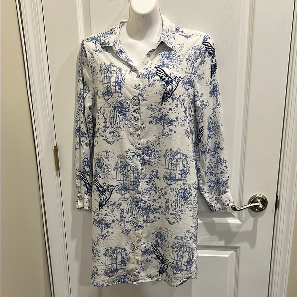 Chico's Blue & White Toile Print No-Iron FreshChic Linen Long Shirt size 0